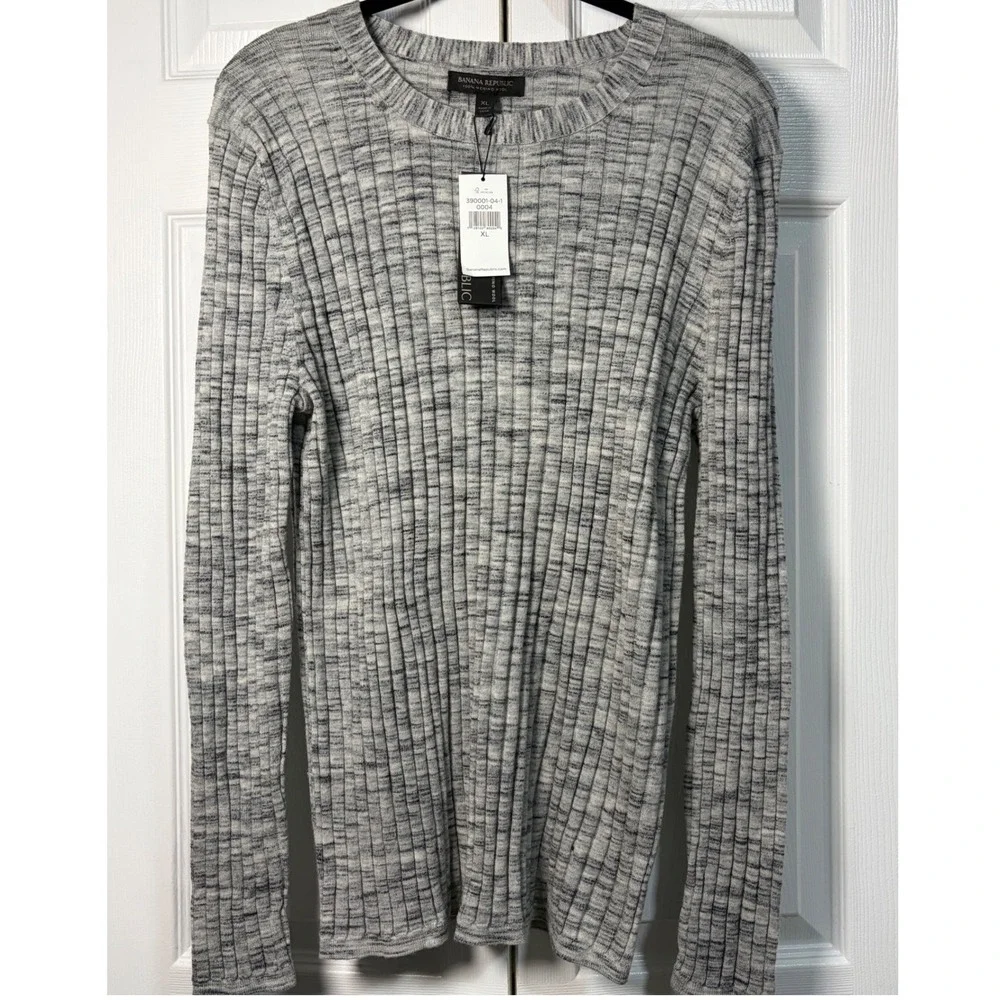 Banana Republic Men's XL Grey Marled 100% Extra Fine Merino Wool Ribbed Sweater